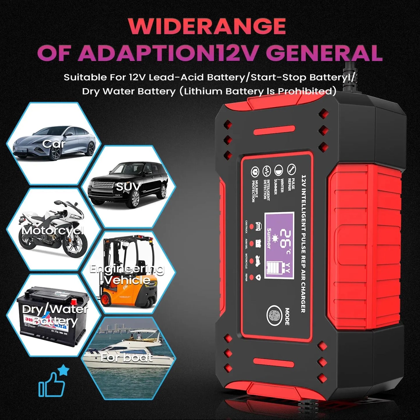 6A 12V Intelligent Car Battery Charger Car and Motorcycle Battery Charging Unit Lead-Acid Battery Repair LCD Display