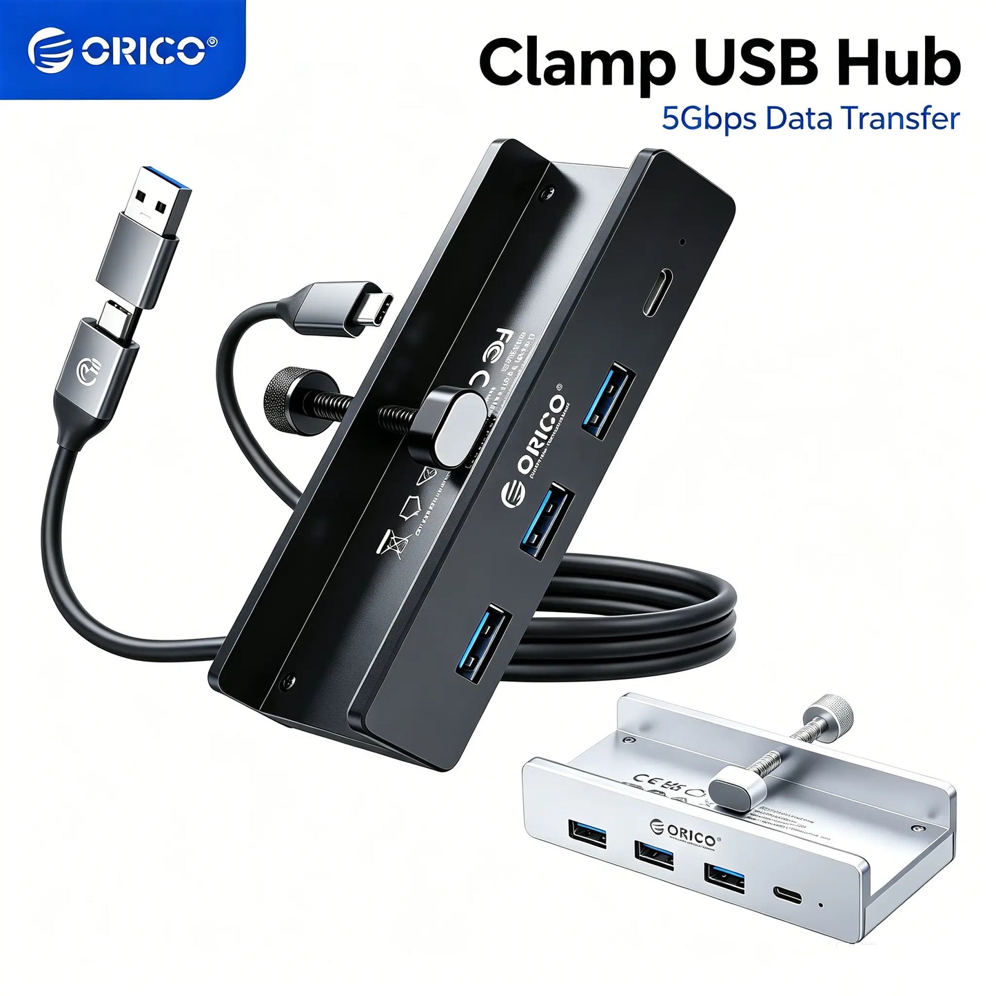 ORICO Aluminum Clamp USB 3.0 Hub (MH4PC)Sleek, space-saving 4-port splitter clamps securely to desks or monitors. Features 5Gbps transfer, 4.92FT cable, and a dedicated power port for high-draw devices.