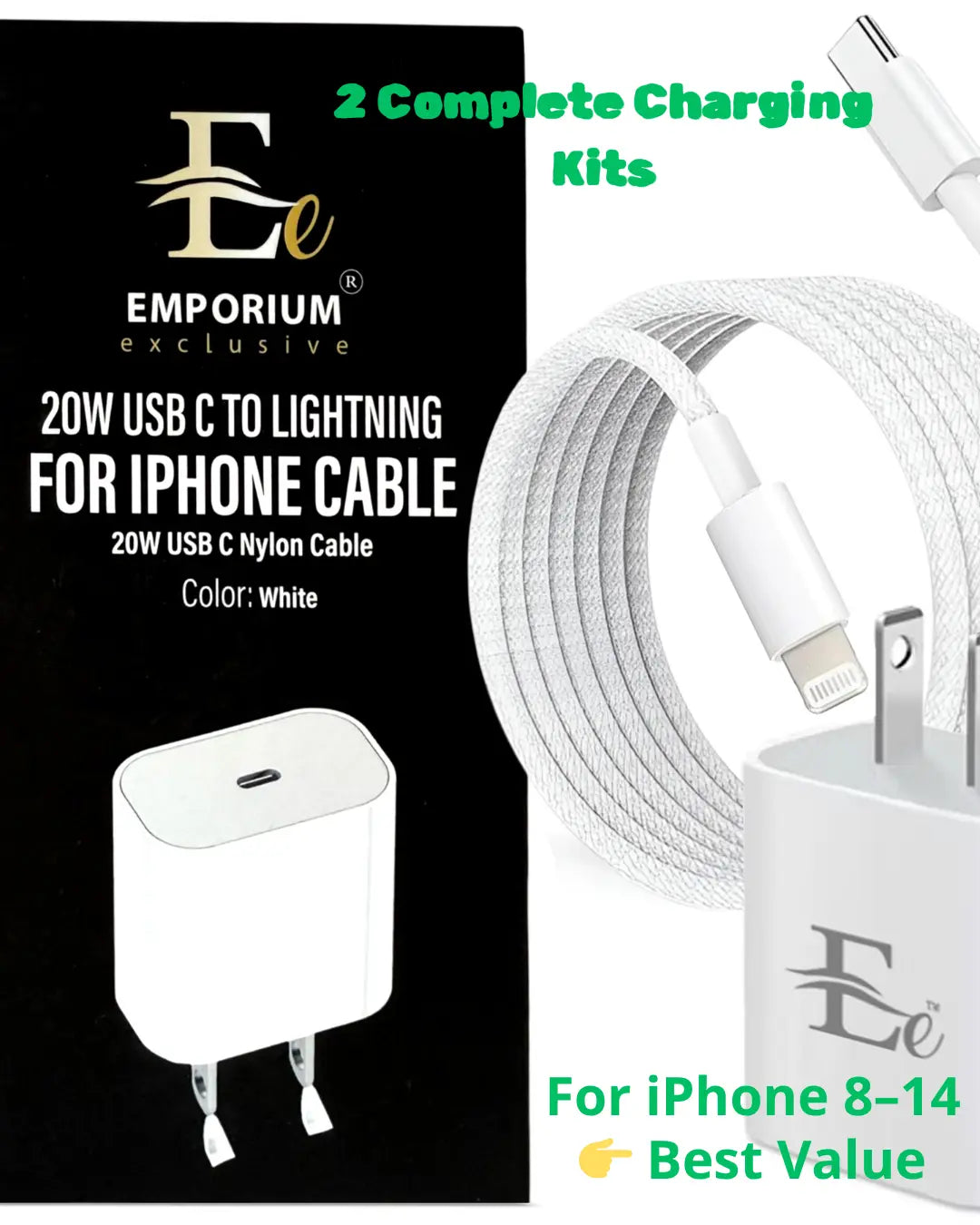 2-Pack 20W Fast Charger USB-C + Lightning Cable | for Iphone 8–14 (2 Complete Kits)