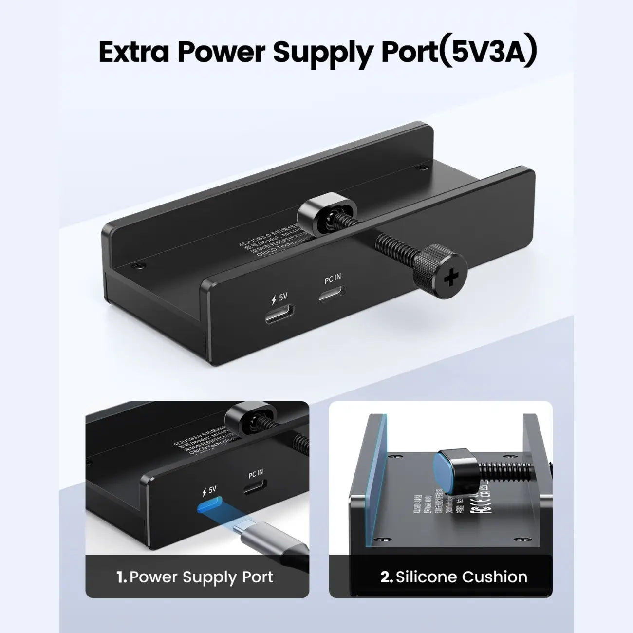ORICO Aluminum Clamp USB 3.0 Hub (MH4PC)Sleek, space-saving 4-port splitter clamps securely to desks or monitors. Features 5Gbps transfer, 4.92FT cable, and a dedicated power port for high-draw devices.
