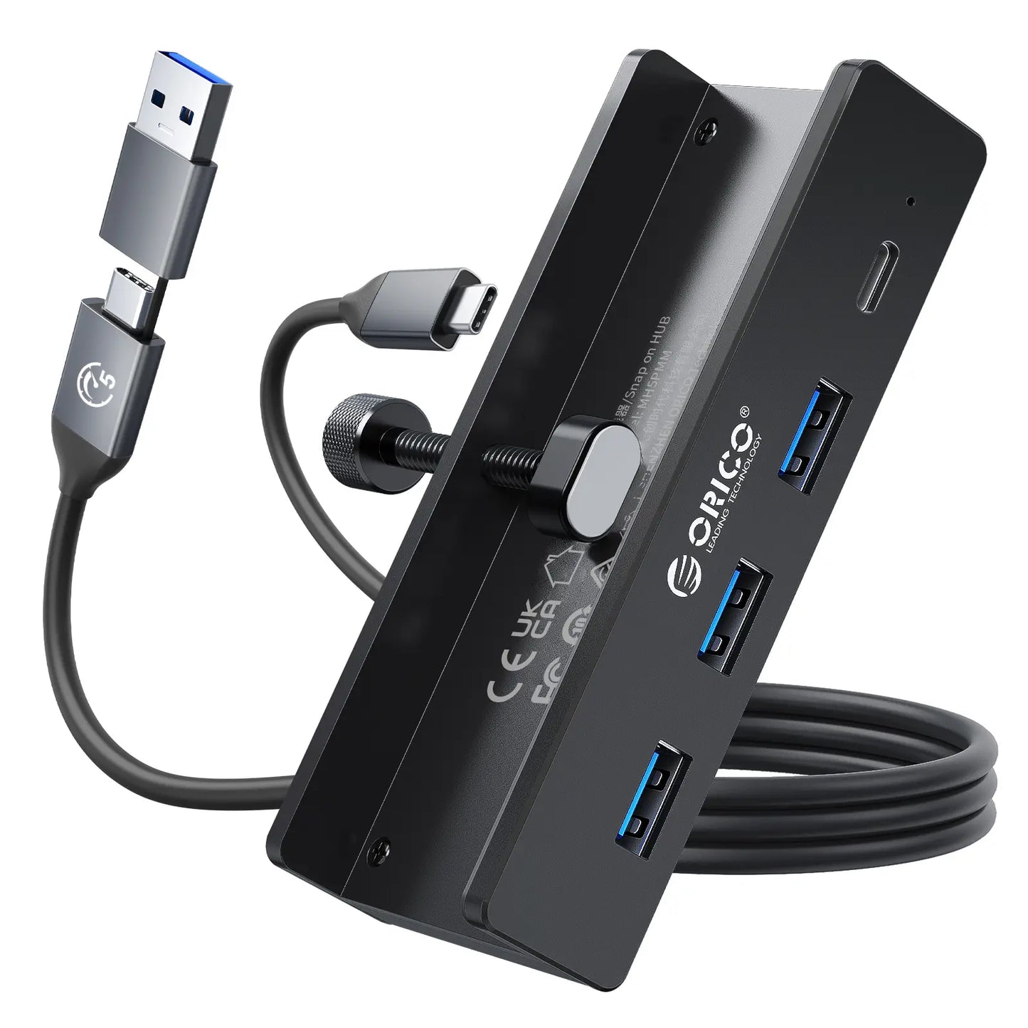 ORICO Aluminum Clamp USB 3.0 Hub (MH4PC)Sleek, space-saving 4-port splitter clamps securely to desks or monitors. Features 5Gbps transfer, 4.92FT cable, and a dedicated power port for high-draw devices.