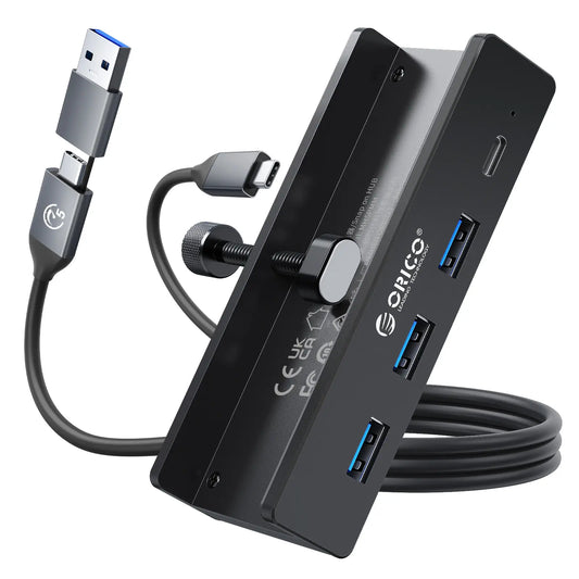 ORICO Aluminum Clamp USB 3.0 Hub (MH4PC)Sleek, space-saving 4-port splitter clamps securely to desks or monitors. Features 5Gbps transfer, 4.92FT cable, and a dedicated power port for high-draw devices.