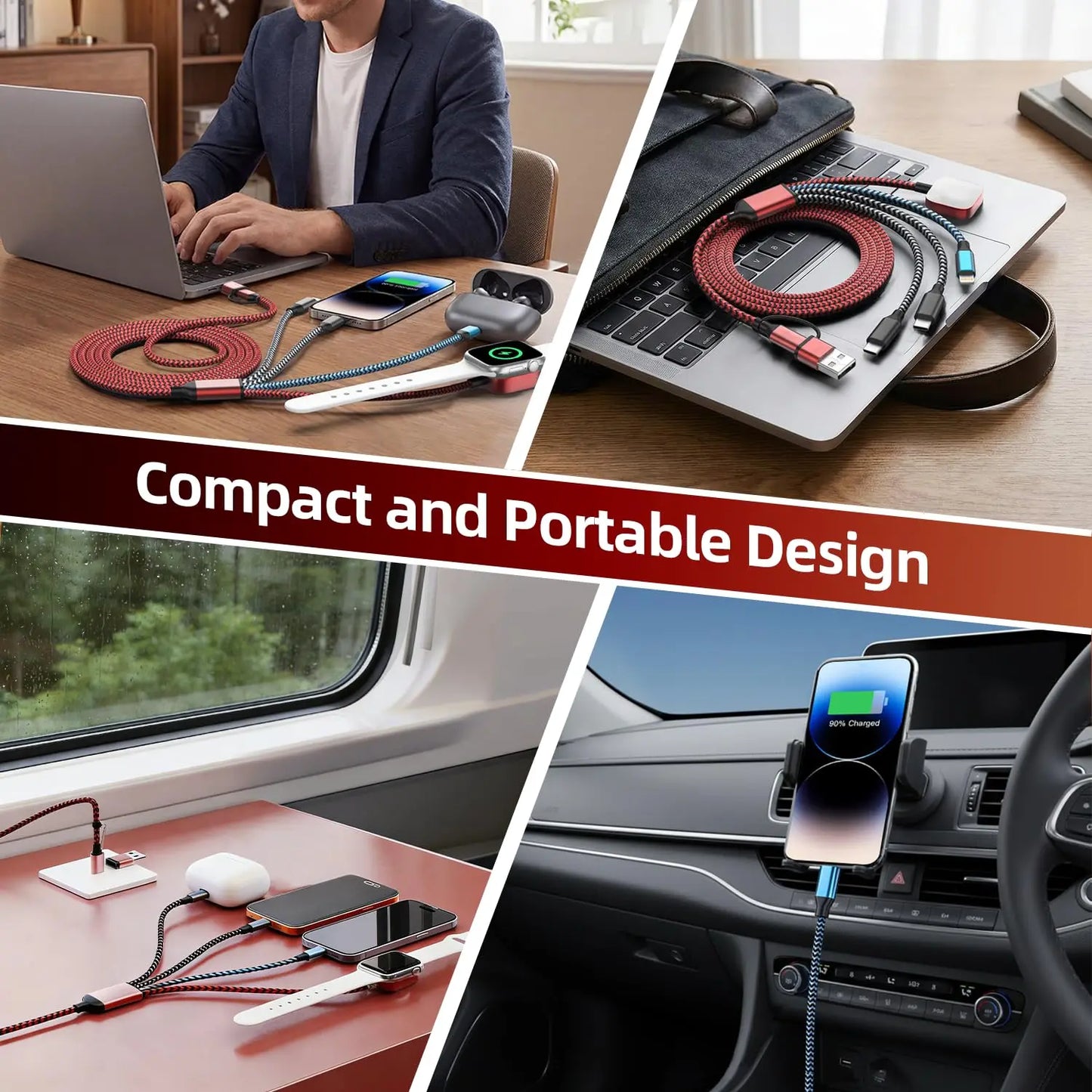 4-in-2 Multi-Charging Cable (5FT)Streamline power with this dual input to Lightning, Type-C, and Apple Watch cable. Built for iPhone 17/16-12 and iWatch, it delivers stable multi-device charging.