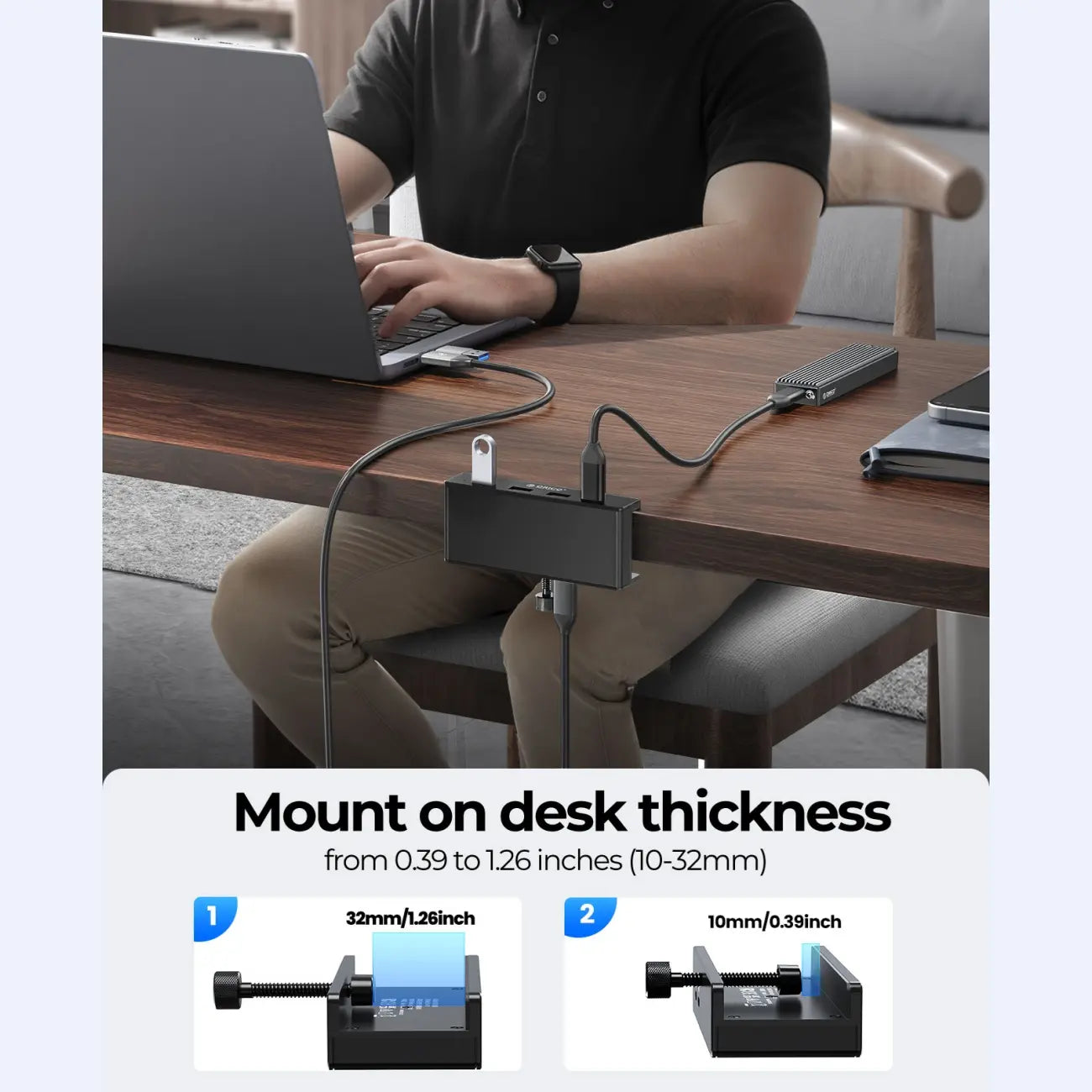 ORICO Aluminum Clamp USB 3.0 Hub (MH4PC)Sleek, space-saving 4-port splitter clamps securely to desks or monitors. Features 5Gbps transfer, 4.92FT cable, and a dedicated power port for high-draw devices.