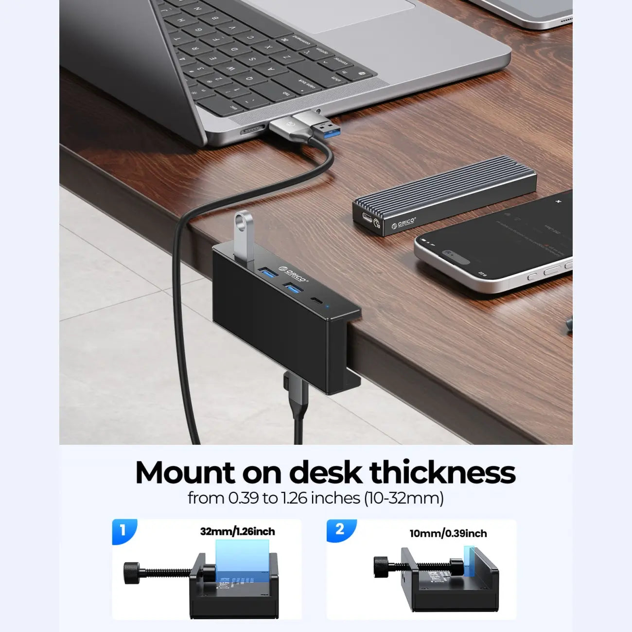ORICO Aluminum Clamp USB 3.0 Hub (MH4PC)Sleek, space-saving 4-port splitter clamps securely to desks or monitors. Features 5Gbps transfer, 4.92FT cable, and a dedicated power port for high-draw devices.