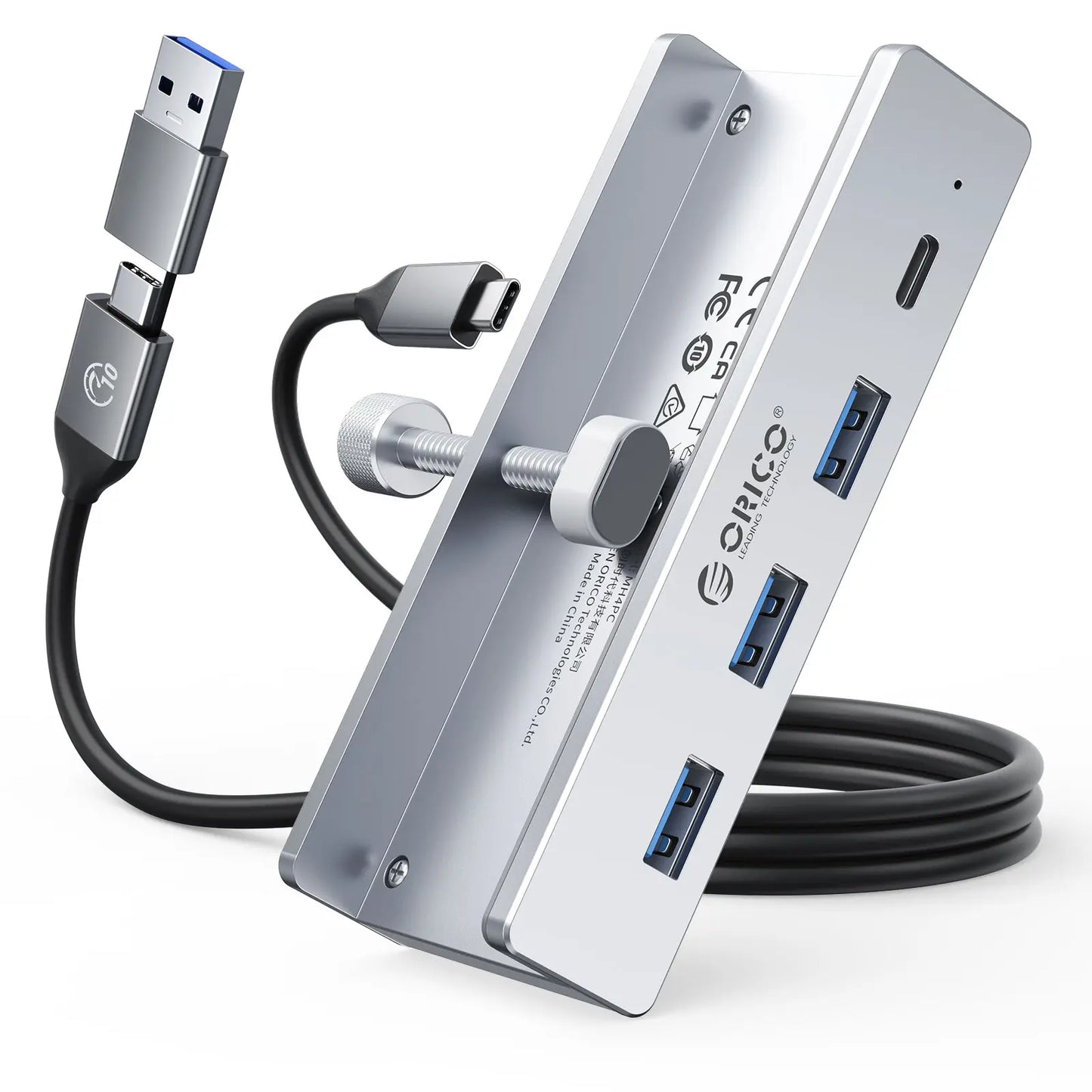 ORICO Aluminum Clamp USB 3.0 Hub (MH4PC)Sleek, space-saving 4-port splitter clamps securely to desks or monitors. Features 5Gbps transfer, 4.92FT cable, and a dedicated power port for high-draw devices.