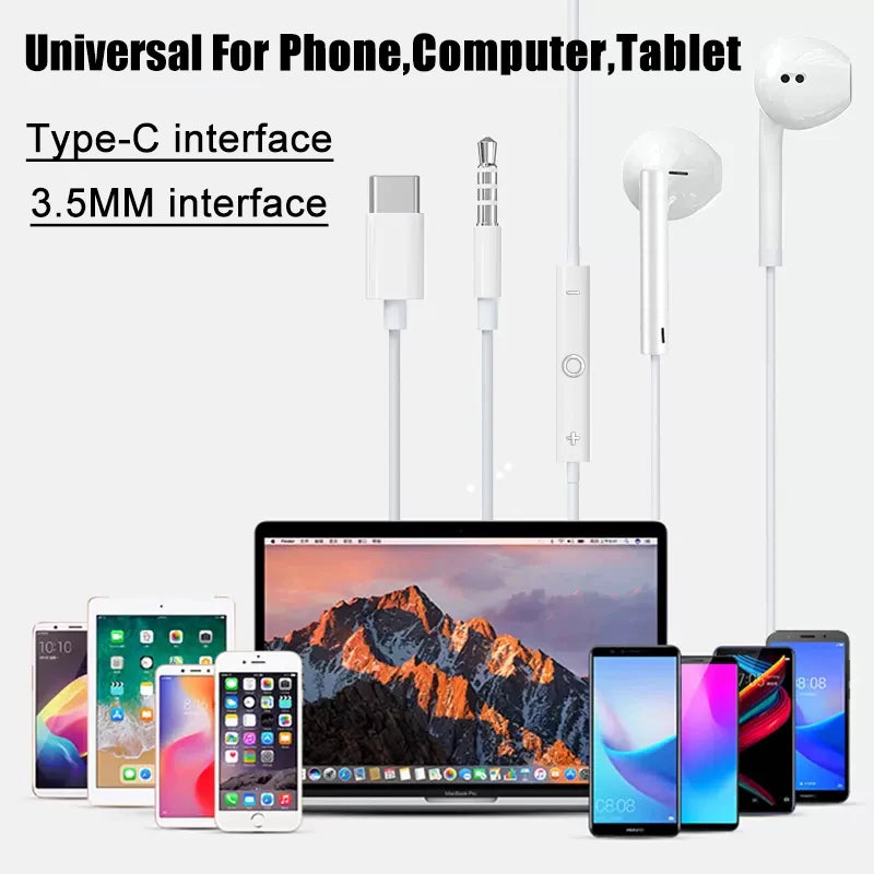 Wired In-Ear Earphones with Type-C & 3.5mm Support for Smartphones, Tablets, Laptops, and iPads