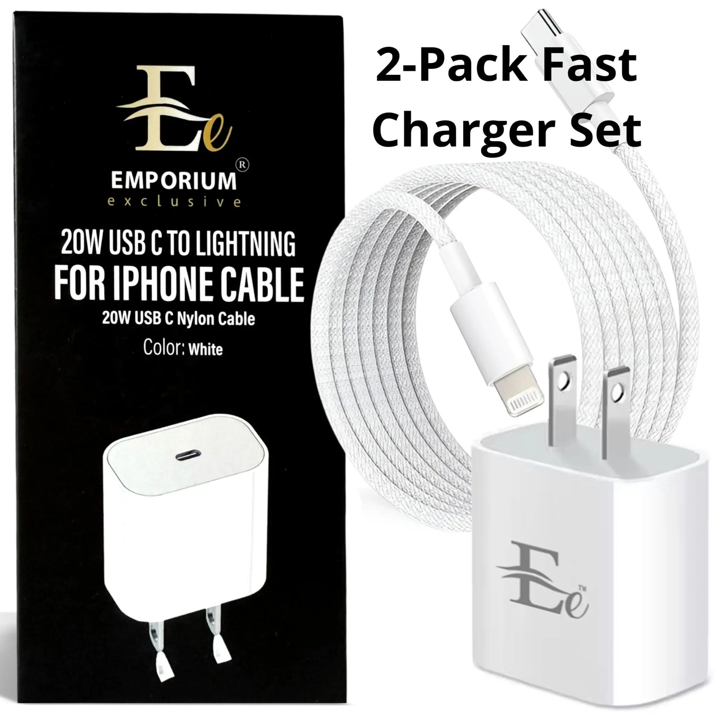 2-Pack 20W Fast Charger USB-C + Lightning Cable | for Iphone 8–14 (2 Complete Kits)