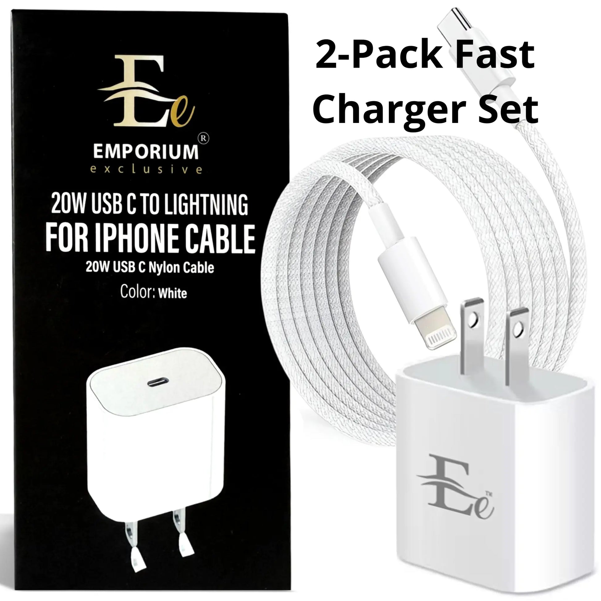 2-Pack 20W Fast Charger USB-C + Lightning Cable | for Iphone 8–14 (2 Complete Kits)