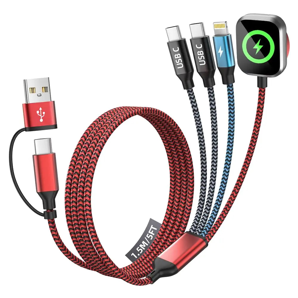 4-in-2 Multi-Charging Cable (5FT)Streamline power with this dual input to Lightning, Type-C, and Apple Watch cable. Built for iPhone 17/16-12 and iWatch, it delivers stable multi-device charging.