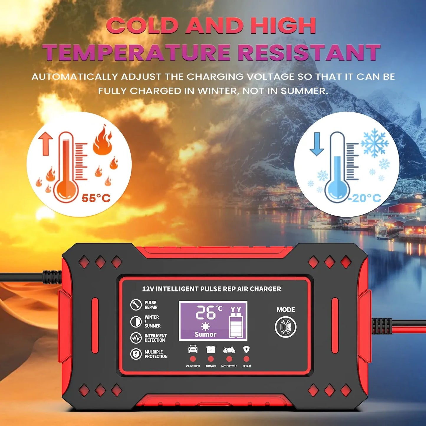 6A 12V Intelligent Car Battery Charger Car and Motorcycle Battery Charging Unit Lead-Acid Battery Repair LCD Display