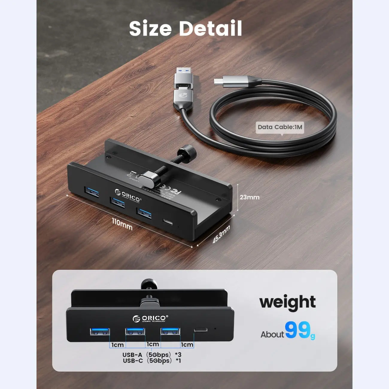 ORICO Aluminum Clamp USB 3.0 Hub (MH4PC)Sleek, space-saving 4-port splitter clamps securely to desks or monitors. Features 5Gbps transfer, 4.92FT cable, and a dedicated power port for high-draw devices.