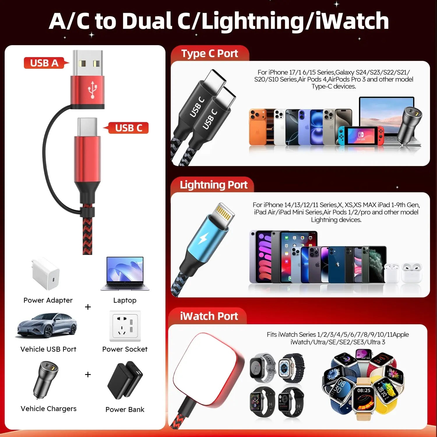 4-in-2 Multi-Charging Cable (5FT)Streamline power with this dual input to Lightning, Type-C, and Apple Watch cable. Built for iPhone 17/16-12 and iWatch, it delivers stable multi-device charging.