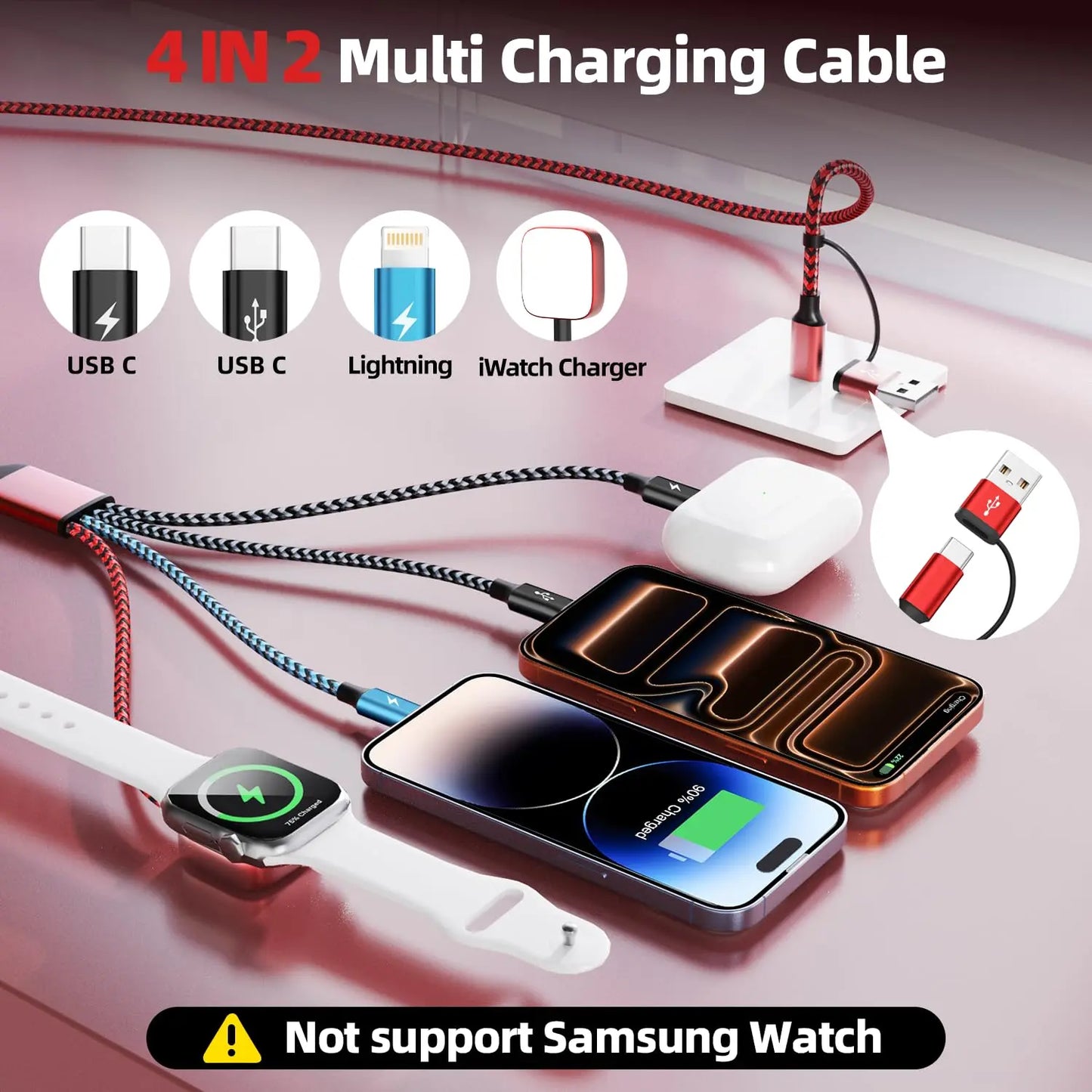 4-in-2 Multi-Charging Cable (5FT)Streamline power with this dual input to Lightning, Type-C, and Apple Watch cable. Built for iPhone 17/16-12 and iWatch, it delivers stable multi-device charging.