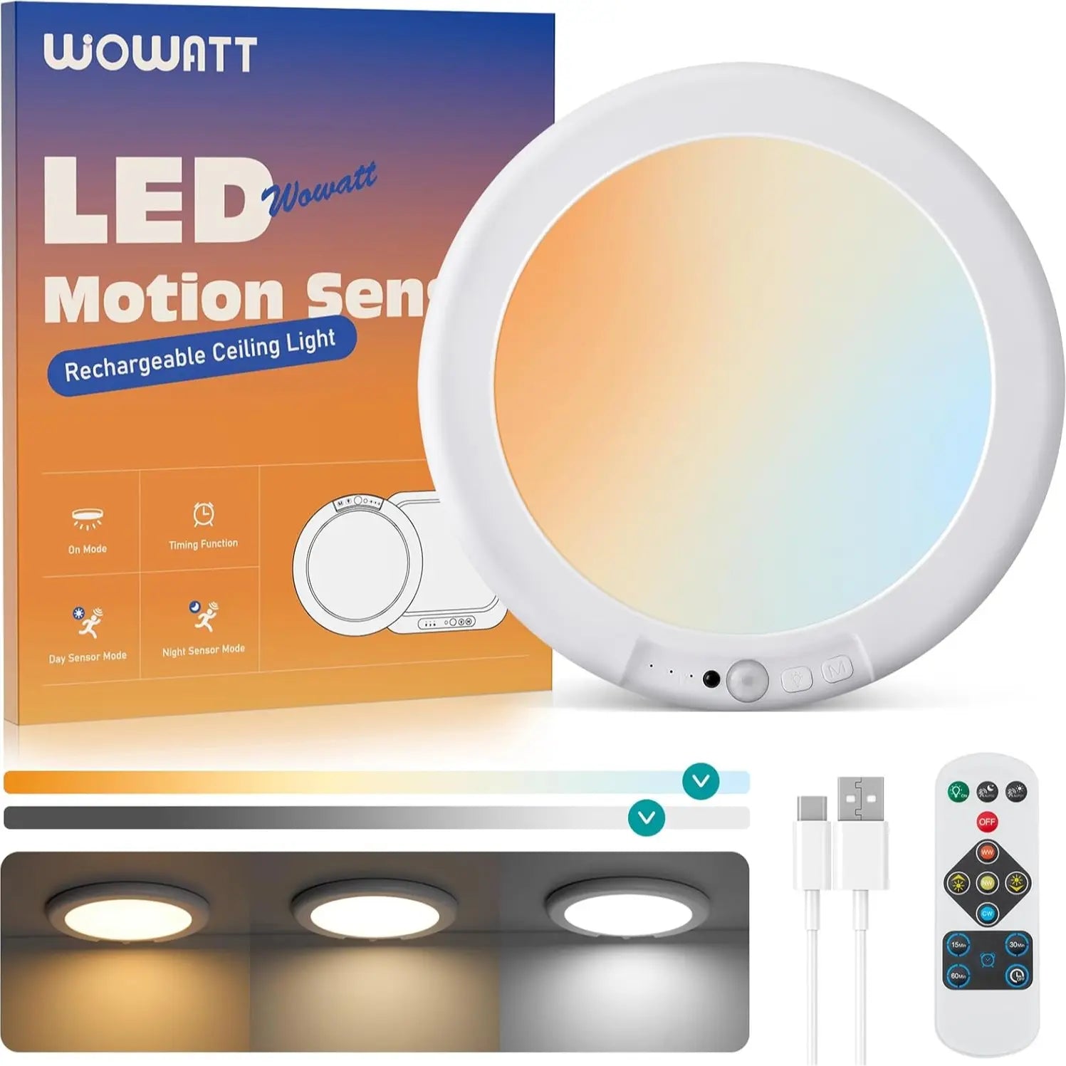 Wowatt Wireless Rechargeable LED Ceiling Light – 3 Color Modes, Dimmable, Motion Sensor, Timer, Remote, 7.48" – Perfect for Closet, Hallway, Shower, Kitchen