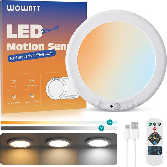 Wowatt Wireless Rechargeable LED Ceiling Light – 3 Color Modes, Dimmable, Motion Sensor, Timer, Remote, 7.48" – Perfect for Closet, Hallway, Shower, Kitchen