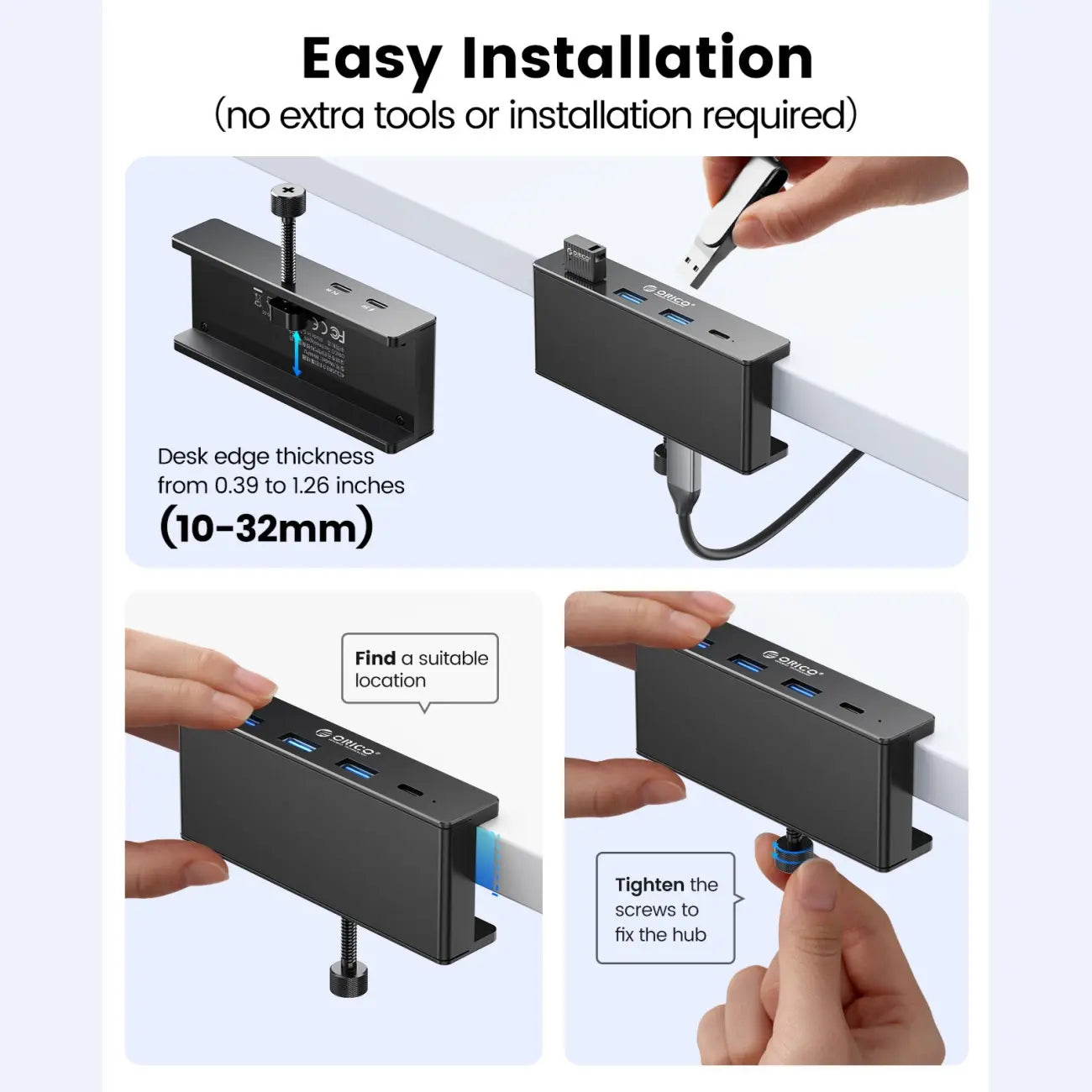 ORICO Aluminum Clamp USB 3.0 Hub (MH4PC)Sleek, space-saving 4-port splitter clamps securely to desks or monitors. Features 5Gbps transfer, 4.92FT cable, and a dedicated power port for high-draw devices.