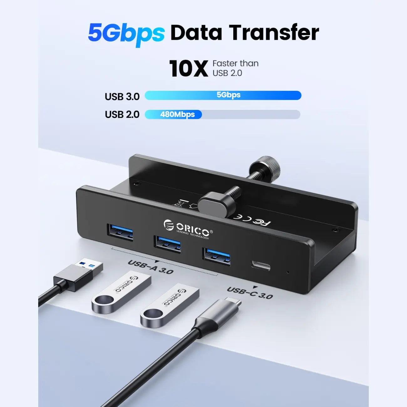 ORICO Aluminum Clamp USB 3.0 Hub (MH4PC)Sleek, space-saving 4-port splitter clamps securely to desks or monitors. Features 5Gbps transfer, 4.92FT cable, and a dedicated power port for high-draw devices.