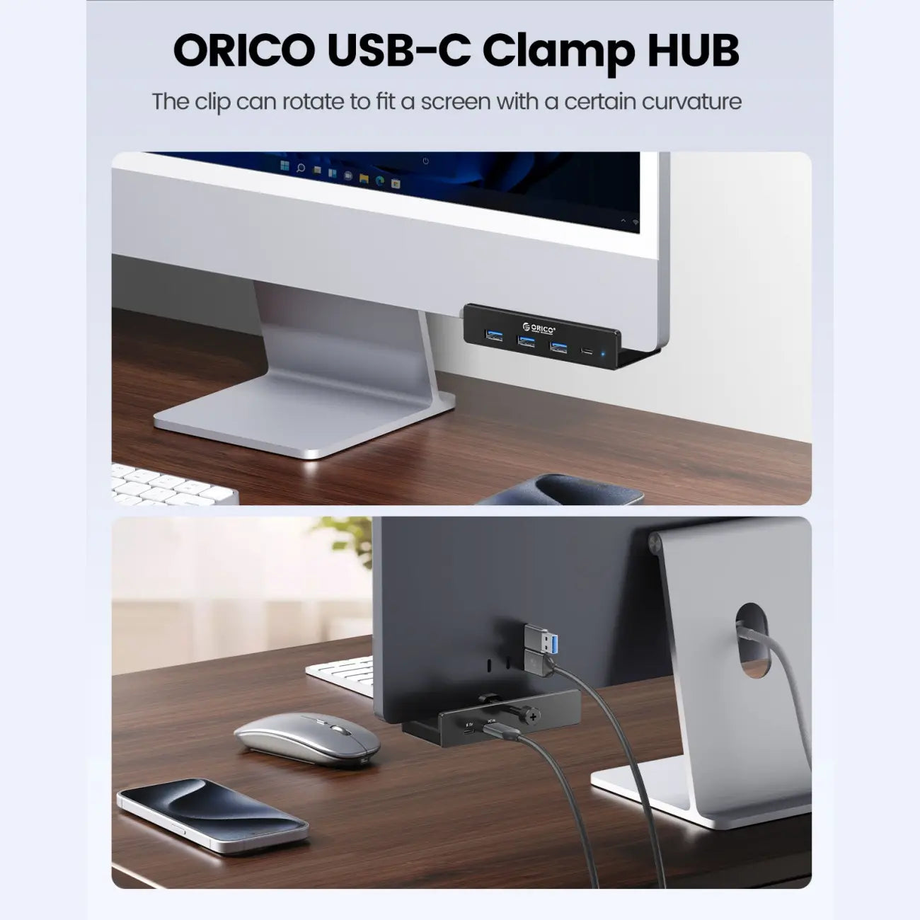 ORICO Aluminum Clamp USB 3.0 Hub (MH4PC)Sleek, space-saving 4-port splitter clamps securely to desks or monitors. Features 5Gbps transfer, 4.92FT cable, and a dedicated power port for high-draw devices.